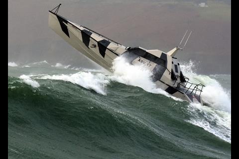 The design allows for high maximum speeds of 60kts+ with propulsion either by surface drives or hybrid waterjets